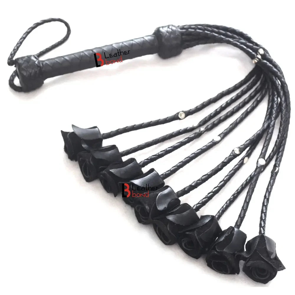 Real Cowhide Leather Cat-o-Nine Rose Flogger 9 Braided Black Rose Falls with Steel Studs | BDSM Whip