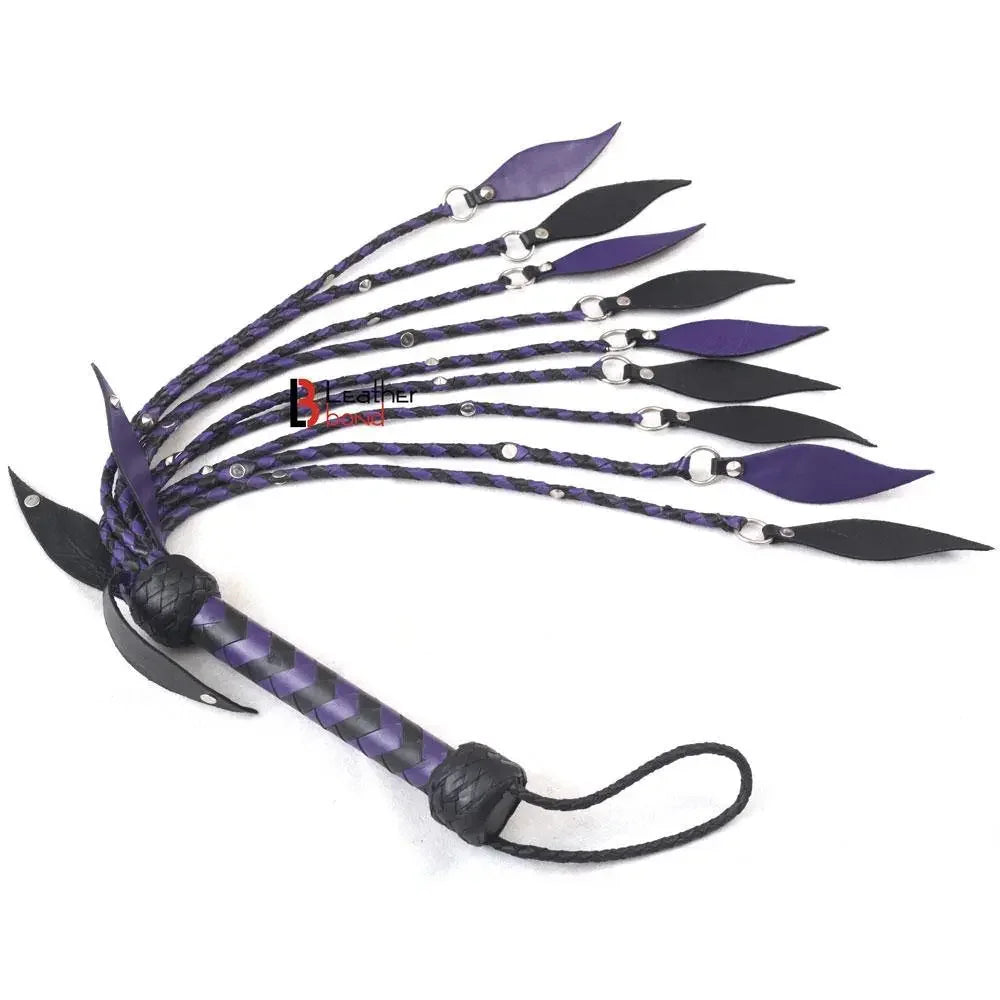 Real Leather Flogger Bull Hide Leather Flogger whip 09 Braided Falls Cat-o-nine Tails Steel Studs Purple Black