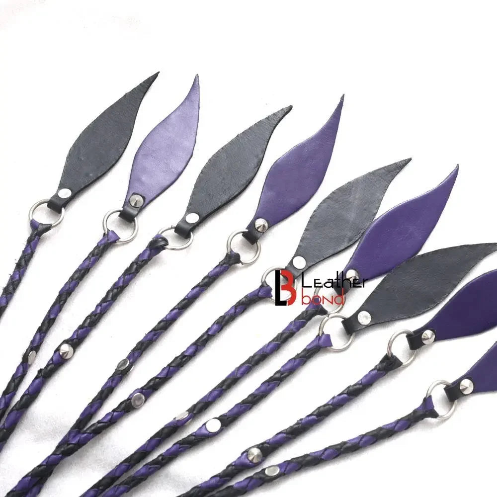 Real Leather Flogger Bull Hide Leather Flogger whip 09 Braided Falls Cat-o-nine Tails Steel Studs Purple Black