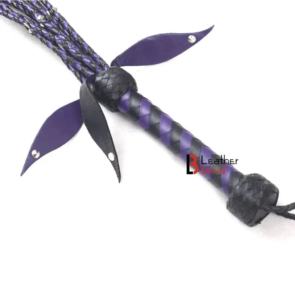 Real Leather Flogger Bull Hide Leather Flogger whip 09 Braided Falls Cat-o-nine Tails Steel Studs Purple Black