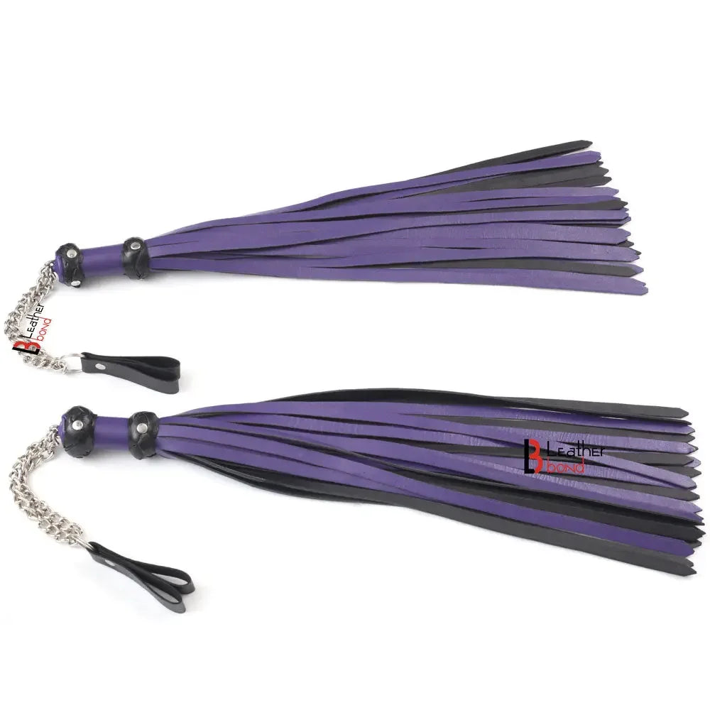 Real Genuine Cowhide Leather Finger Loop Flogger 25 Falls Purple Black Heavy Duty Thuddy Flog whip