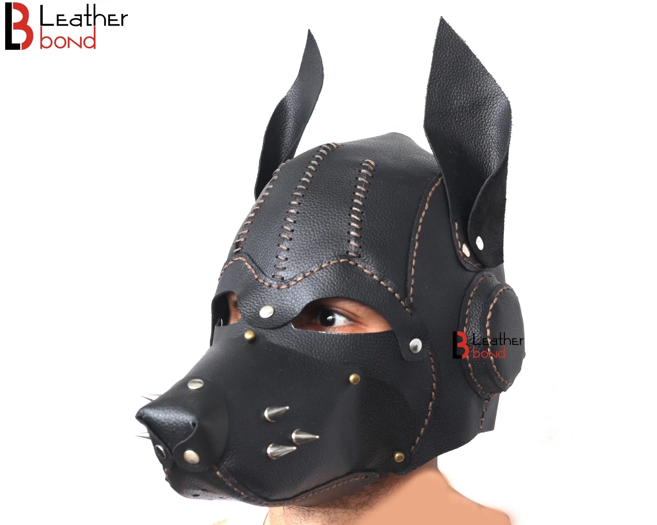 Cowhide Leather Puppy Dog Sensory Deprivation Hood Pet Play Mask & Reenactment Costume Gear