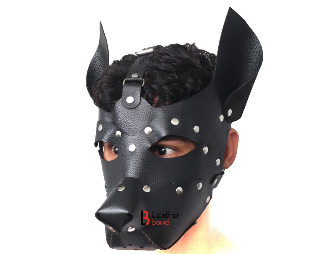 Genuine Cowhide Leather Puppy Dog Mask Hood Halloween Mask, Sensory Deprivation Hood & Pet Play Gear