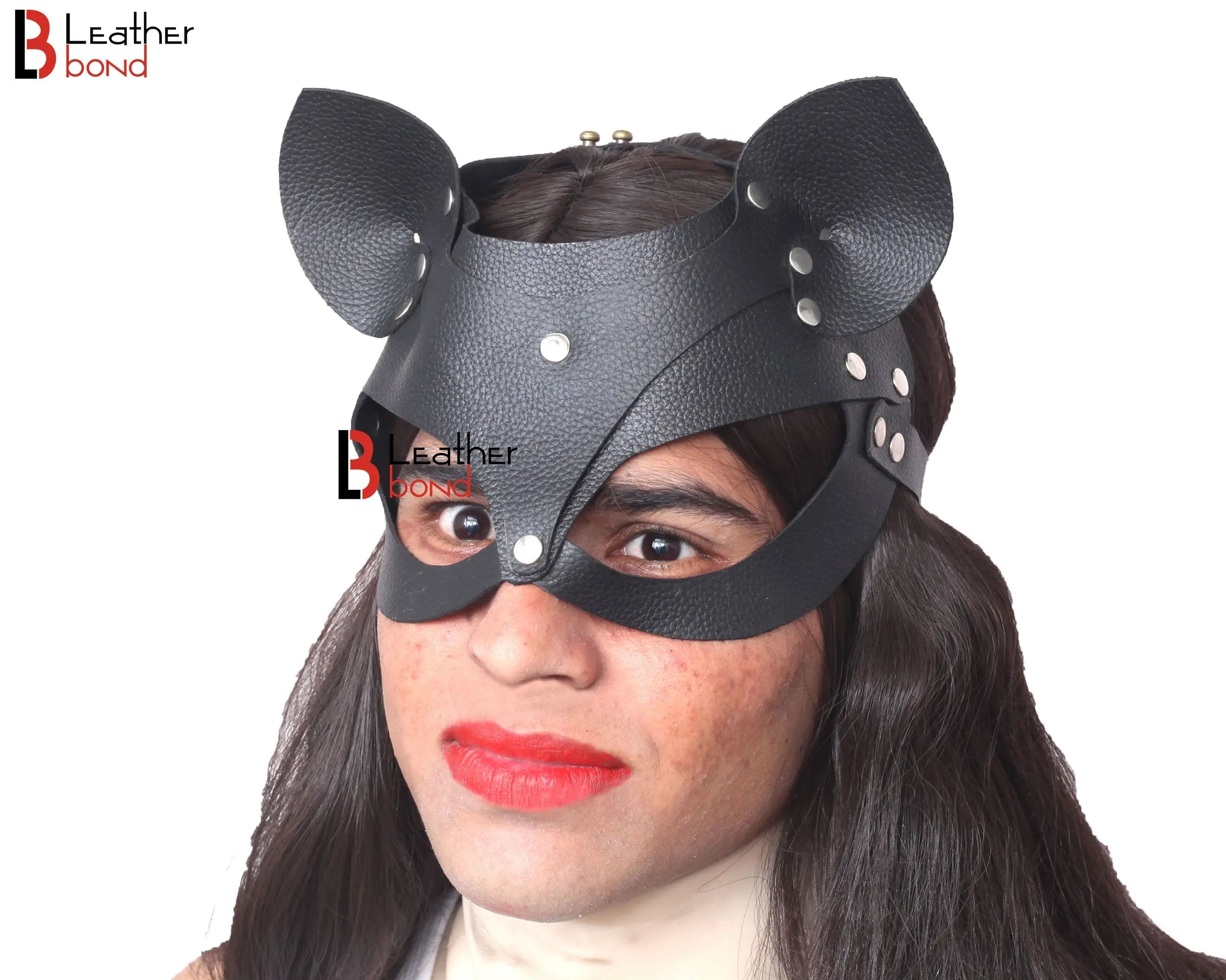 Genuine Cowhide Leather Cat Mask Halloween Mask, Catwoman, BDSM Fetish & Masquerade Party Mask