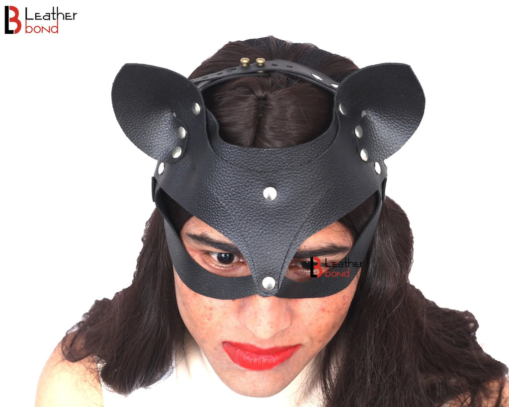 Genuine Cowhide Leather Cat Mask Halloween Mask, Catwoman, BDSM Fetish & Masquerade Party Mask