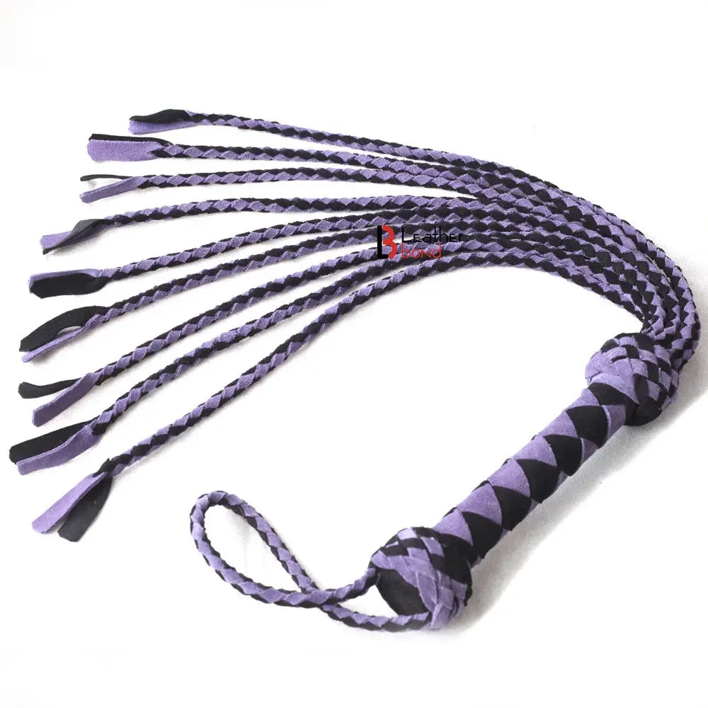 Real Genuine Cowhide Suede, Leather Flogger Cat O Nine Braided Falls Purple & Black