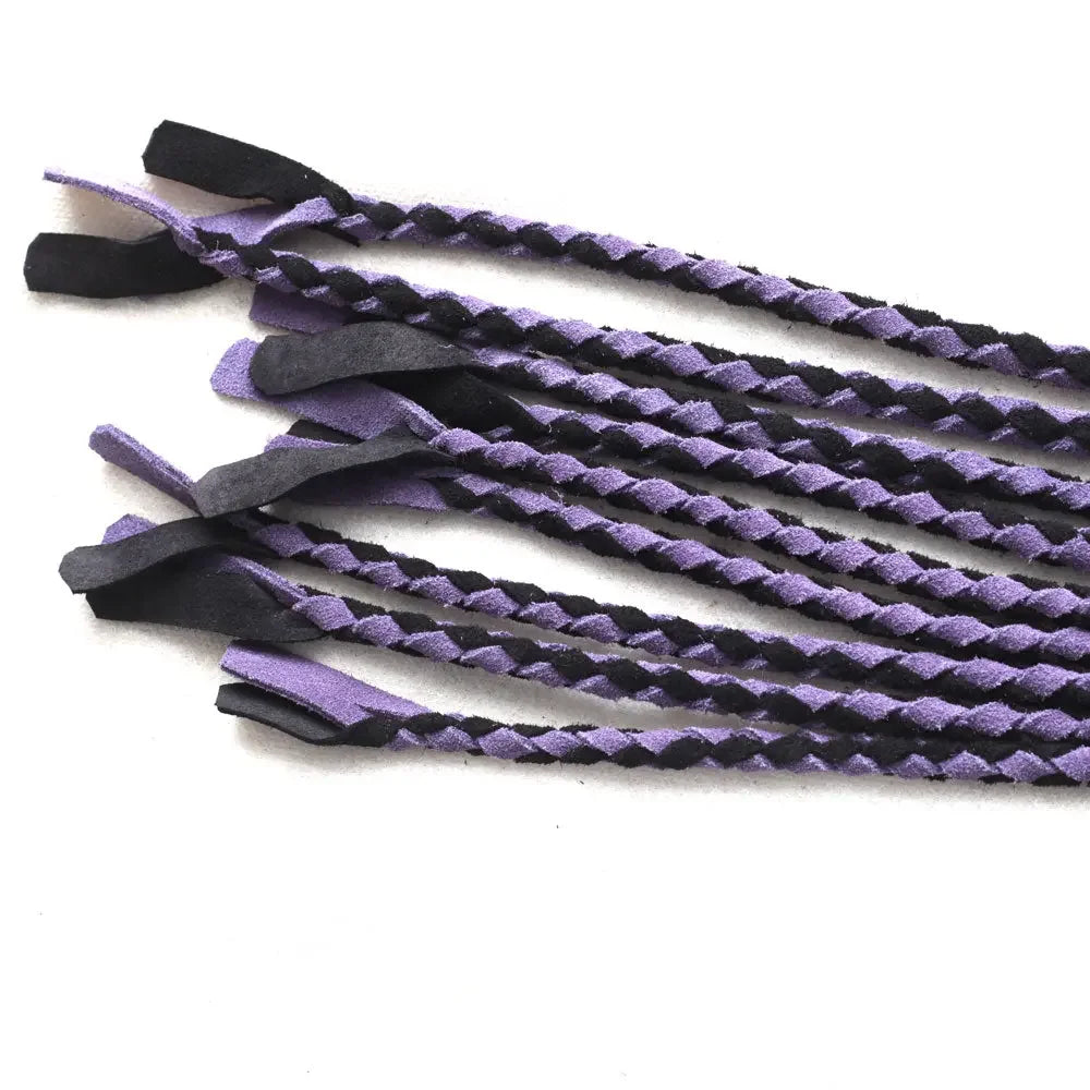 Real Genuine Cowhide Suede, Leather Flogger Cat O Nine Braided Falls Purple & Black