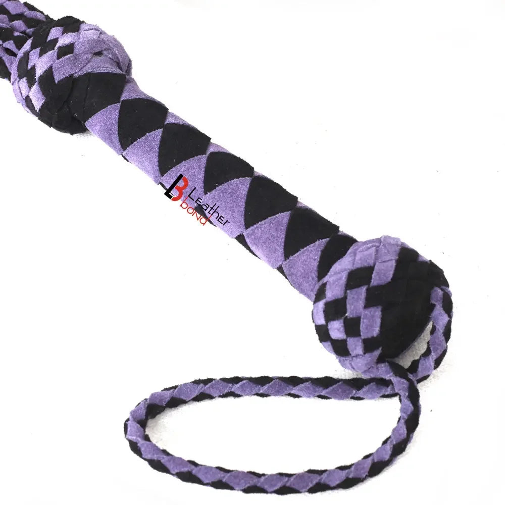 Real Genuine Cowhide Suede, Leather Flogger Cat O Nine Braided Falls Purple & Black