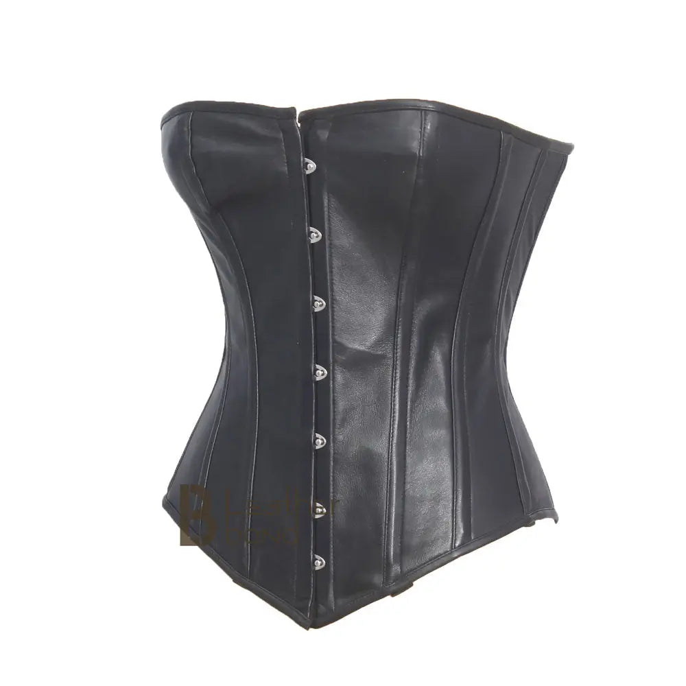 Genuine Sheep Leather Steel Spiral Boned Black Corset Waist Training and BDSM Leather Corset Top