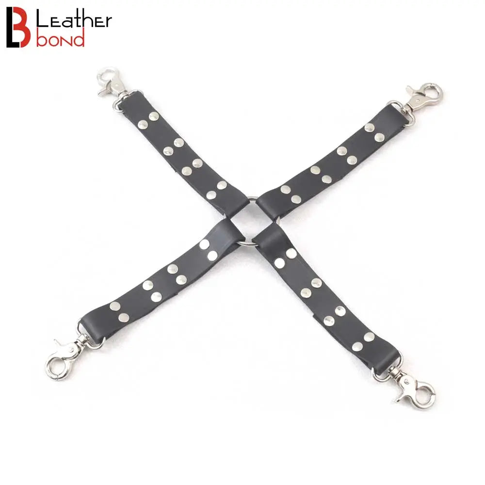Four-Way Swivel Snap Bondage Hogtie Connector Genuine Leather Straps | 17 Inches