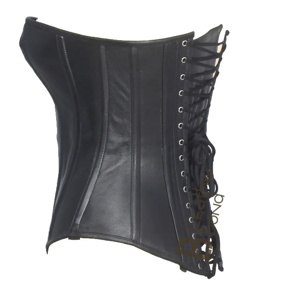 Genuine Sheep Leather Steel Spiral Boned Black Corset Waist Training and BDSM Leather Corset Top