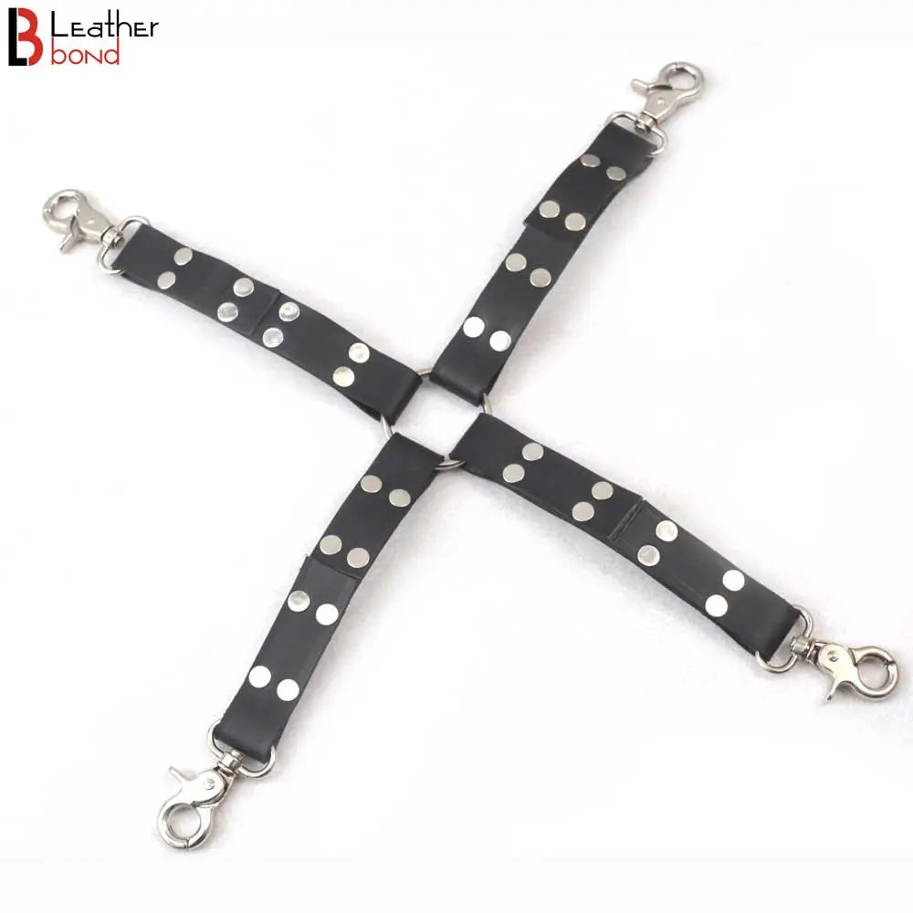 Four-Way Swivel Snap Bondage Hogtie Connector Genuine Leather Straps | 17 Inches