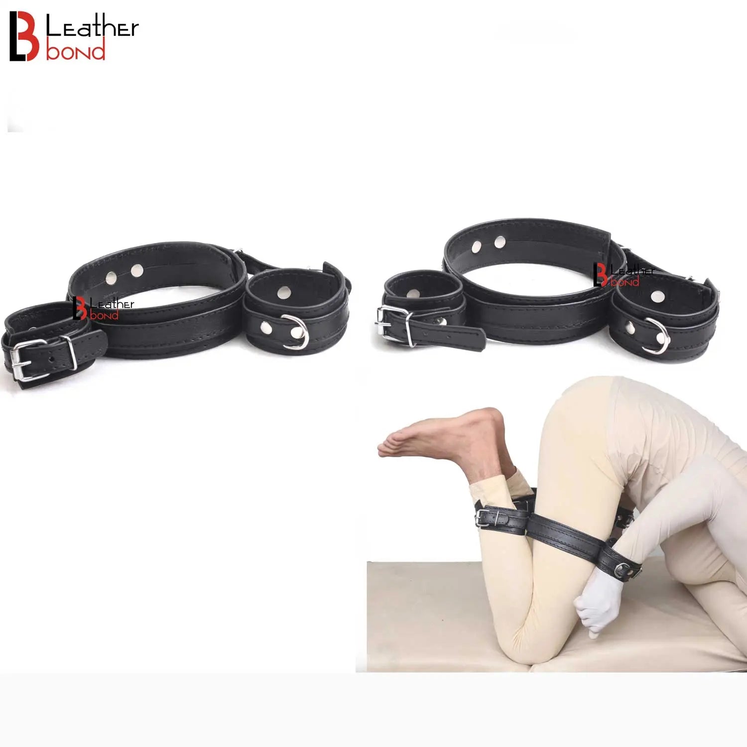 Frog-Tie Restraint Set Leather Ankle Cuffs, Thigh & Wrist BDSM Cosplay Bondage Toy
