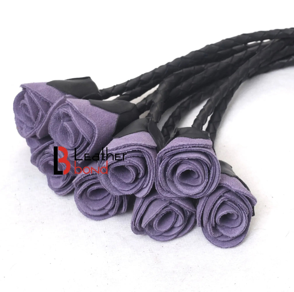 Real Cowhide Leather Cat-o-Nine Tails Flogger 9 Braided Rose Falls | Red, Purple and Black BDSM Whip