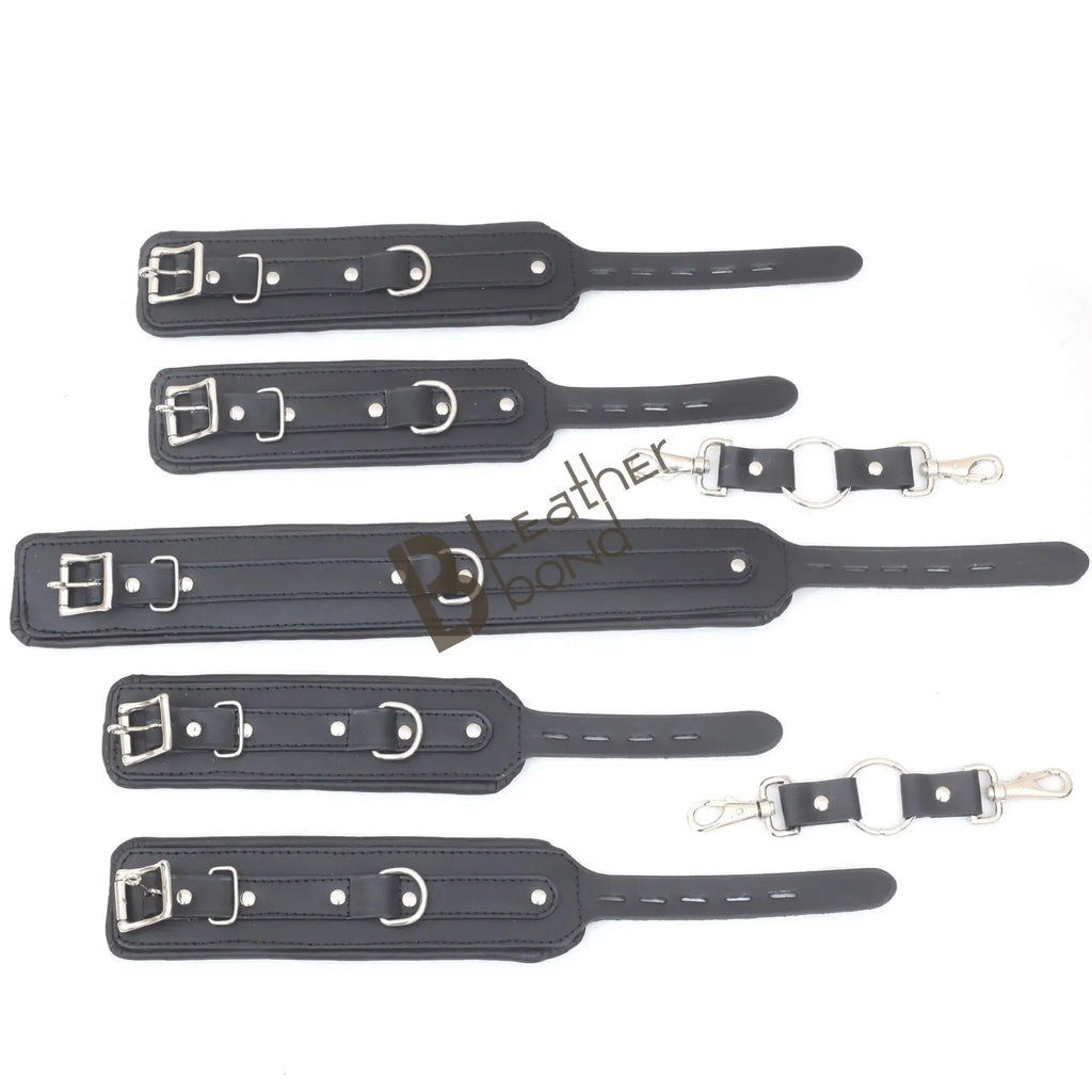 Real Leather 7-Piece Padded Ankle Cuffs, Wrist Cuffs & Neck Collar Complete Restraint Bondage Set with Connectors | Black