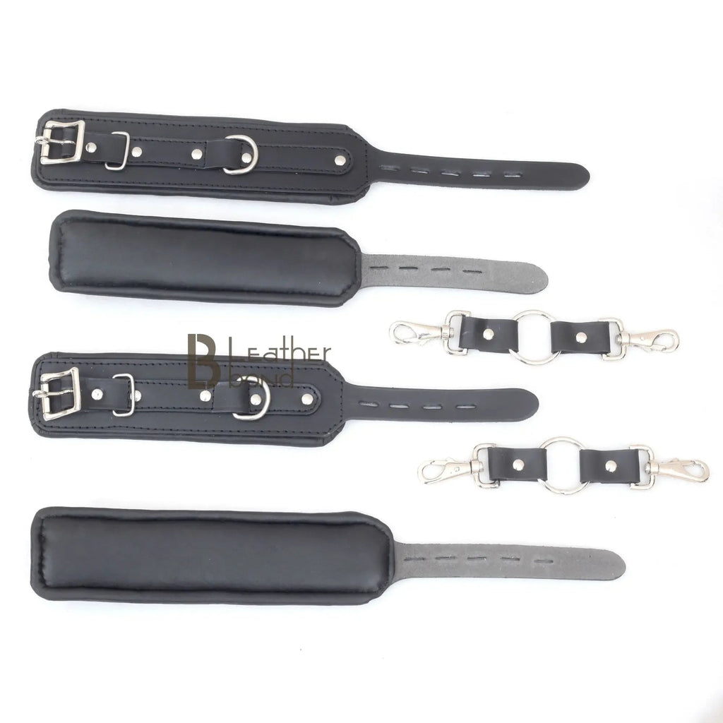 Wrist and Ankle Cuffs Cowhide Leather Restraint Set Black Heavy Duty Professional BDSM Gear Kinky Sensual Hand Cuffs