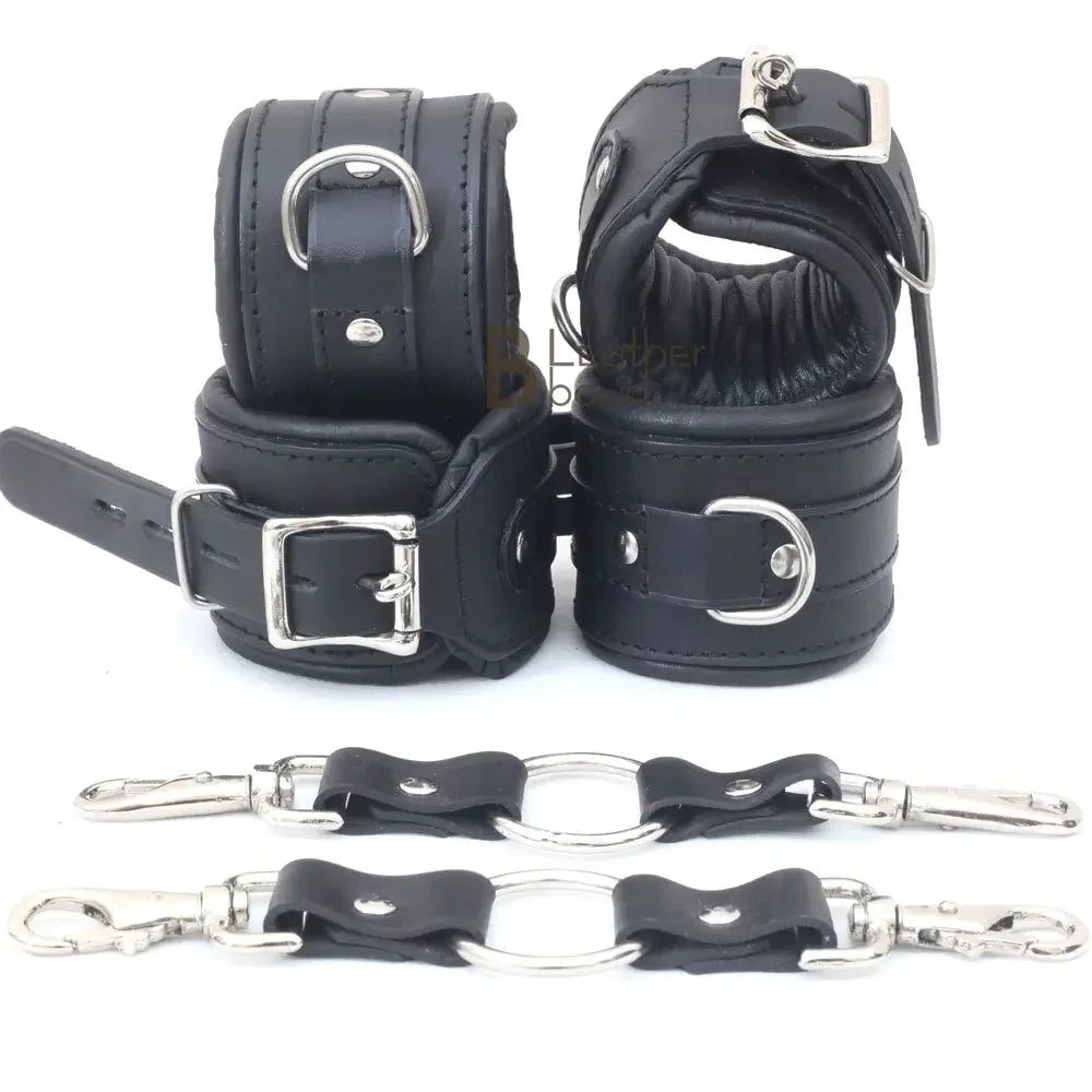 Wrist and Ankle Cuffs Cowhide Leather Restraint Set Black Heavy Duty Professional BDSM Gear Kinky Sensual Hand Cuffs