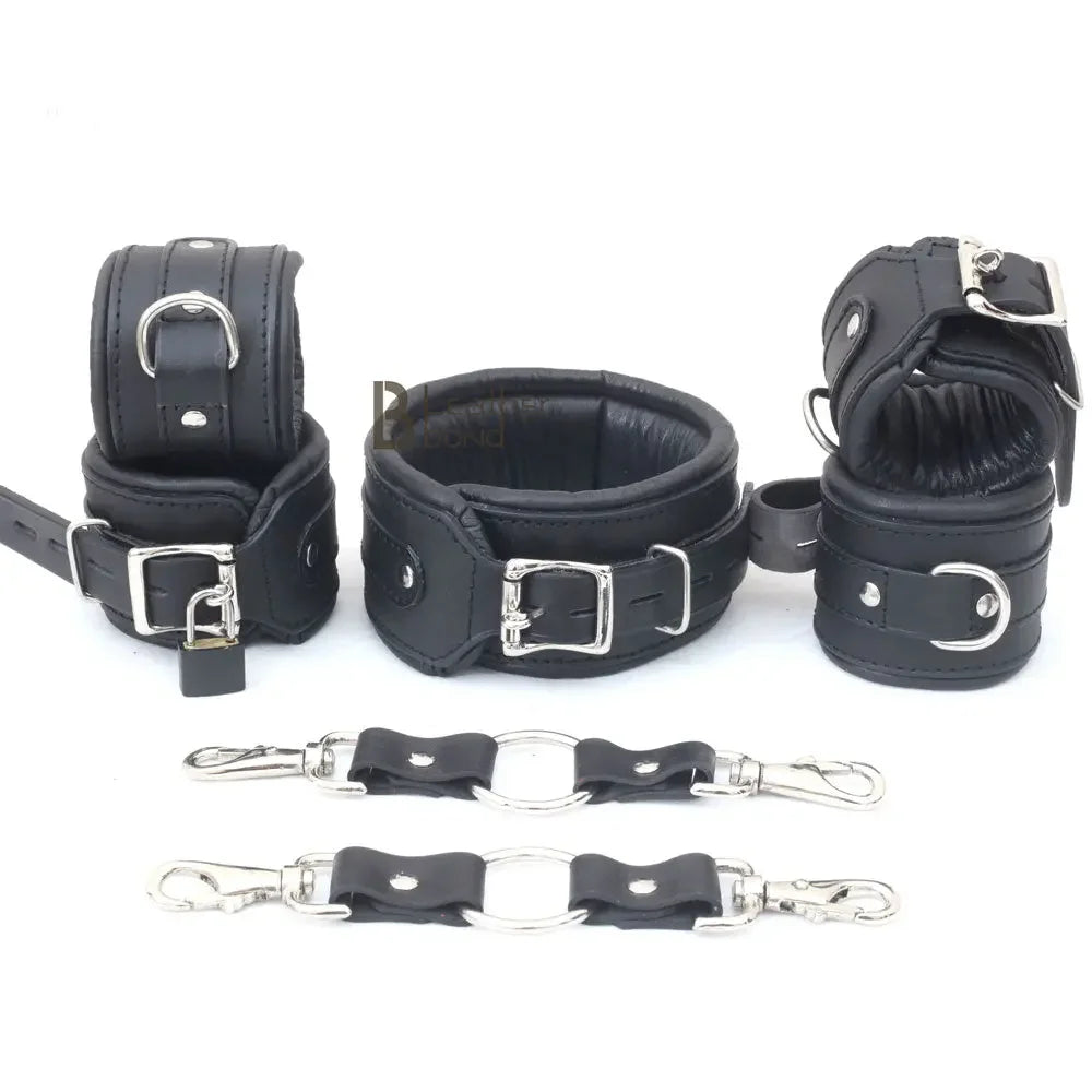 Real Leather 7-Piece Padded Ankle Cuffs, Wrist Cuffs & Neck Collar Complete Restraint Bondage Set with Connectors | Black