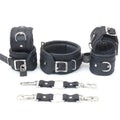 Real Leather 7-Piece Padded Ankle Cuffs, Wrist Cuffs & Neck Collar Complete Restraint Bondage Set with Connectors | Black