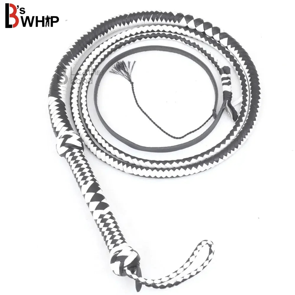 Genuine & Real Cowhide Leather Bullwhip 12 Plait 08 Feet long Bull Whip Black & White