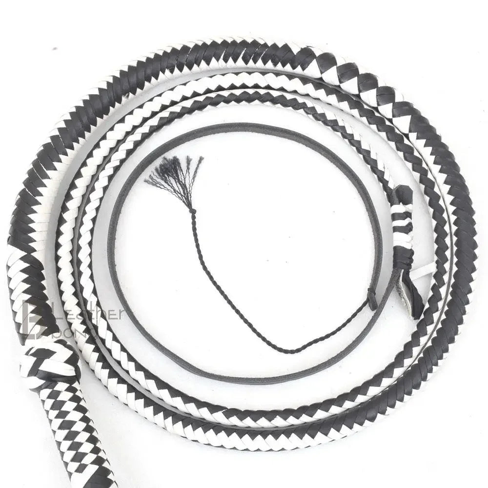 Genuine & Real Cowhide Leather Bullwhip 12 Plait 08 Feet long Bull Whip Black & White