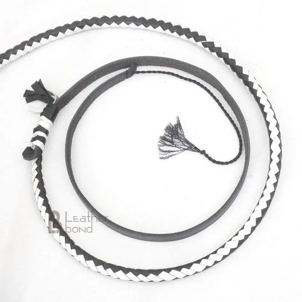 Genuine & Real Cowhide Leather Bullwhip 12 Plait 08 Feet long Bull Whip Black & White