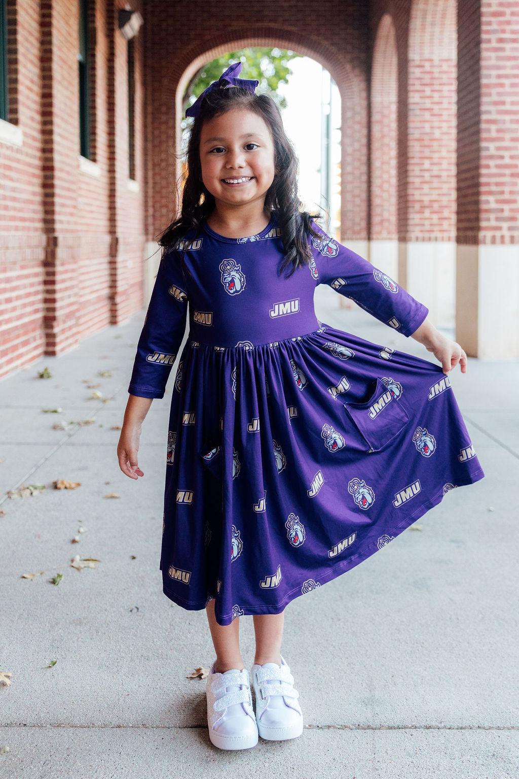 JMU Purple Duke Dog 3/4 Sleeve Pocket Twirl Dress