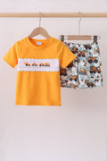 Construction vehicle embroidery shorts set
