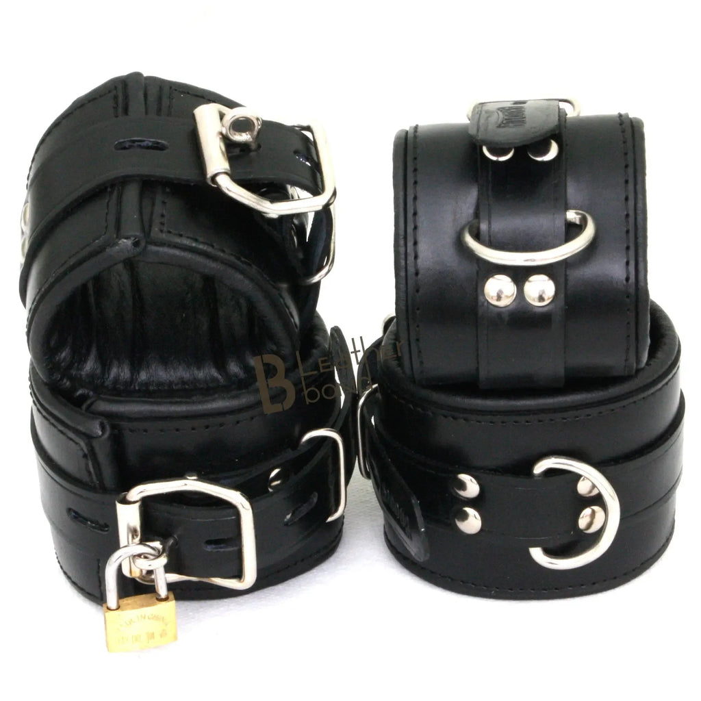 Real Cow Leather Wrist & Ankle Cuffs Set Restraint Bondage Lockable Set Black 4 Piece Padded Cuffs Hogtie included