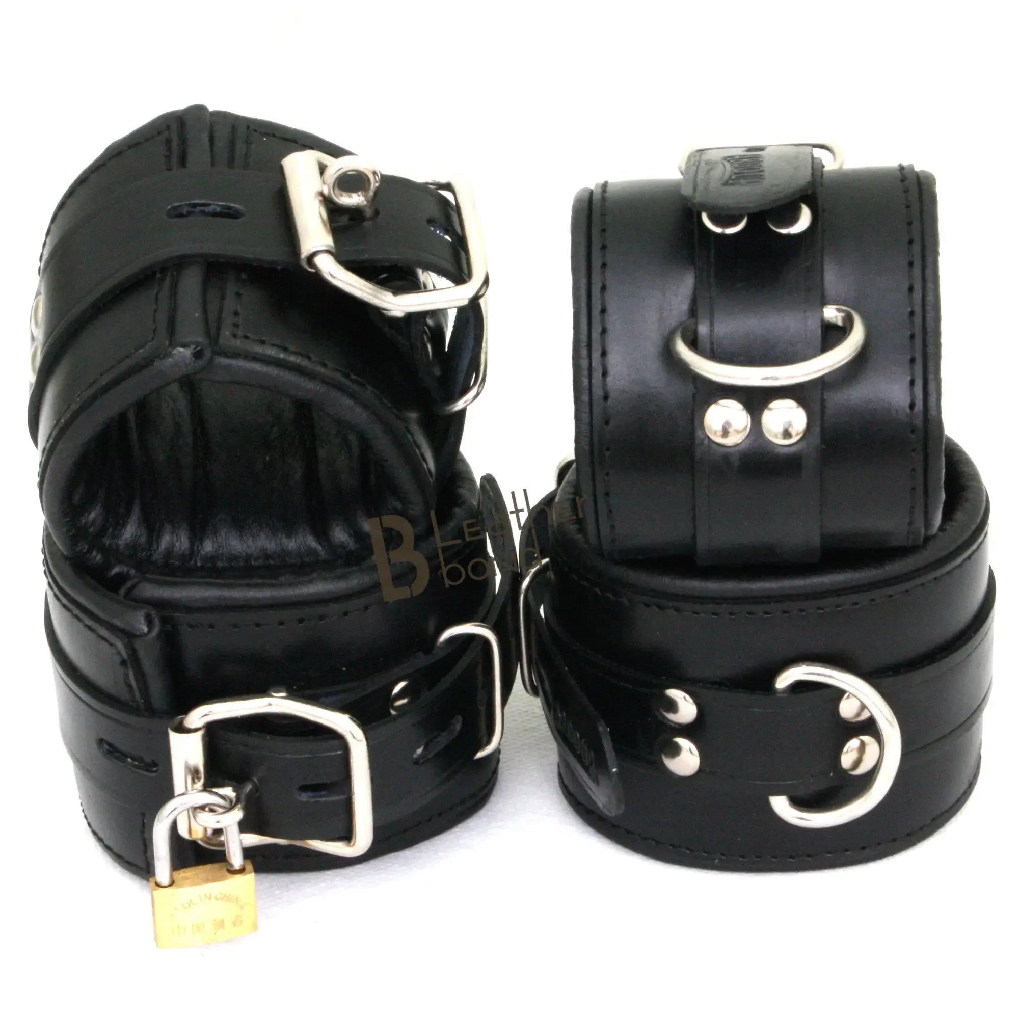 Real Cow Leather Wrist & Ankle Cuffs Set Restraint Bondage Lockable Set Black 4 Piece Padded Cuffs Hogtie included