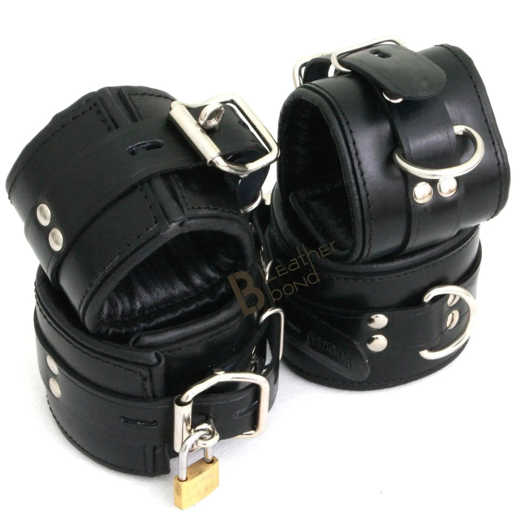Real Cow Leather Wrist & Ankle Cuffs Set Restraint Bondage Lockable Set Black 4 Piece Padded Cuffs Hogtie included