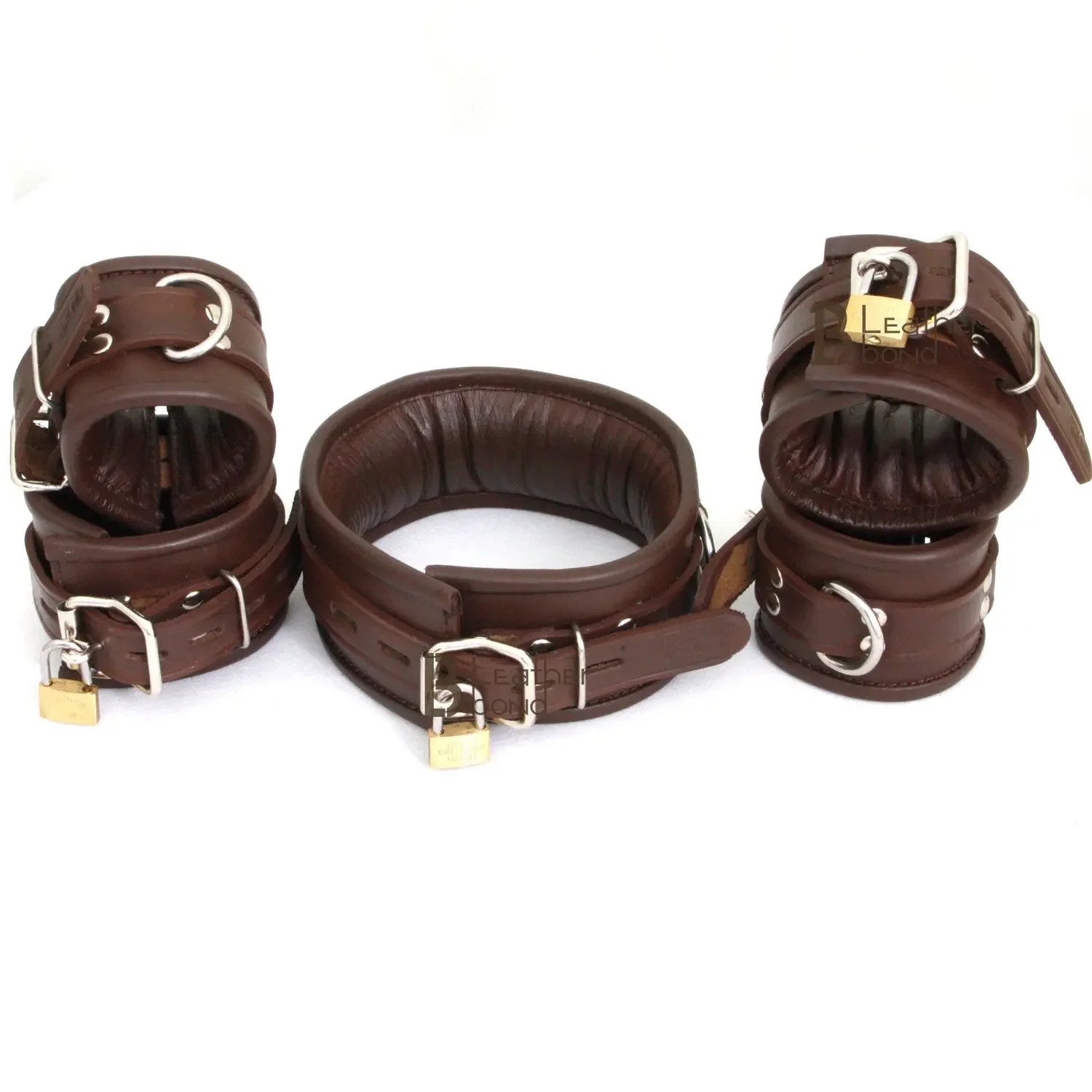 Real Leather 5-Piece Padded Lockable Ankle Cuffs, Wrist Cuffs & Neck Collar Restraint Bondage Set | Vintage Brown