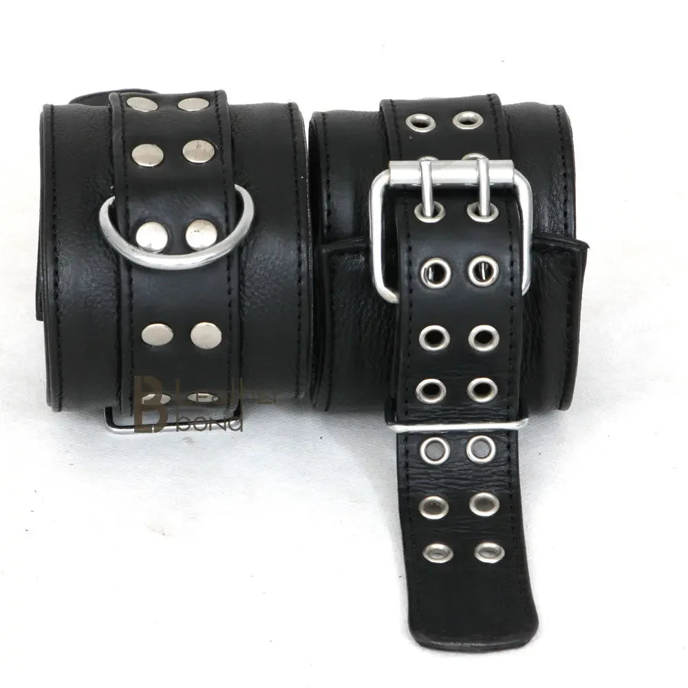 Real Top Grain Leather Ankle Cuffs, Wrist Cuffs & Neck Collar 5-Piece Restraint Set | Black