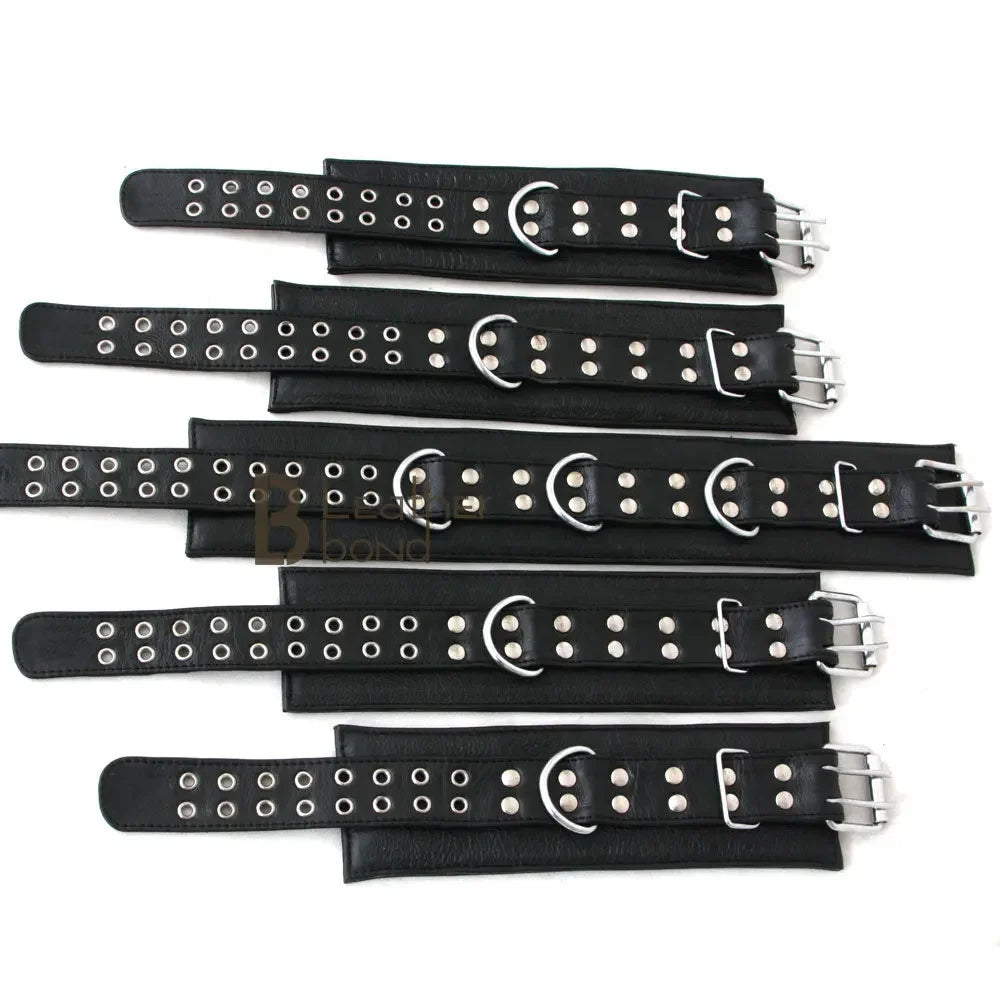 Real Top Grain Leather Ankle Cuffs, Wrist Cuffs & Neck Collar 5-Piece Restraint Set | Black
