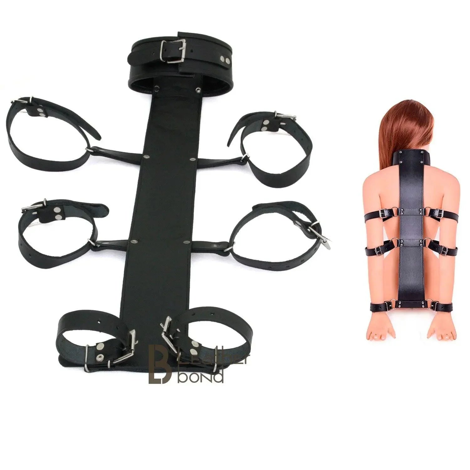 100% Genuine Leather Neck Collar & Wrist Cuffs Bondage BDSM Back Slave Restraint Set