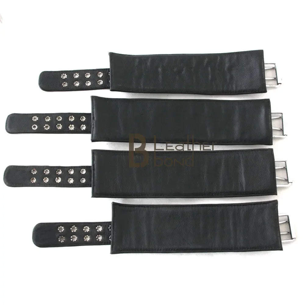 Real Top Grain Leather Ankle Cuffs, Wrist Cuffs & Neck Collar 5-Piece Restraint Set | Black