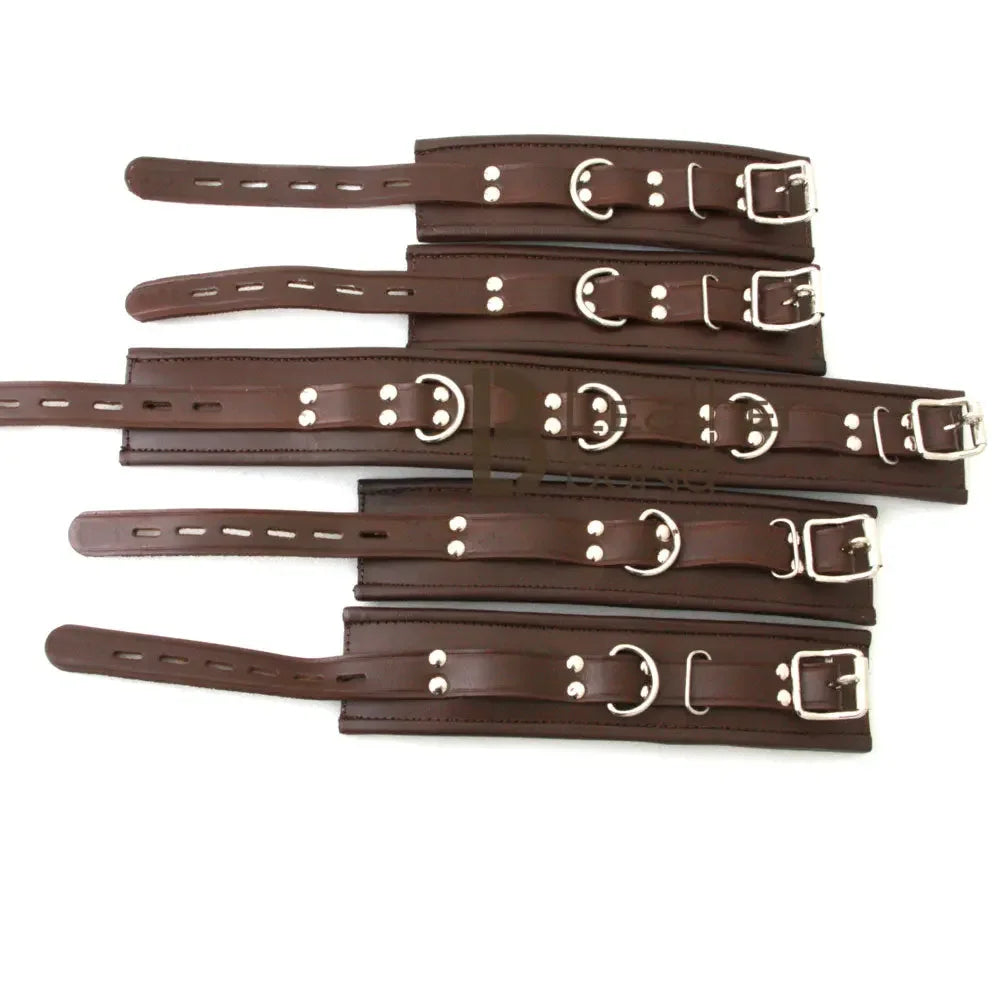Real Leather 5-Piece Padded Lockable Ankle Cuffs, Wrist Cuffs & Neck Collar Restraint Bondage Set | Vintage Brown