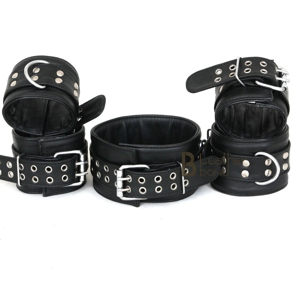 Real Top Grain Leather Ankle Cuffs, Wrist Cuffs & Neck Collar 5-Piece Restraint Set | Black