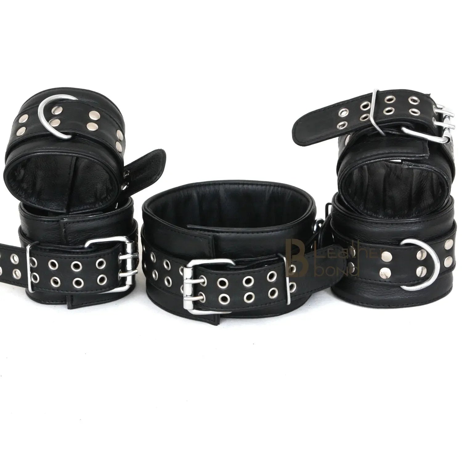 Real Top Grain Leather Ankle Cuffs, Wrist Cuffs & Neck Collar 5-Piece Restraint Set | Black
