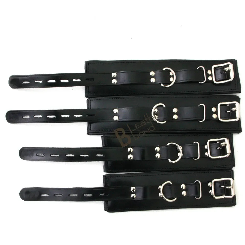 Real Cow Leather Wrist & Ankle Cuffs Set Restraint Bondage Lockable Set Black 4 Piece Padded Cuffs Hogtie included