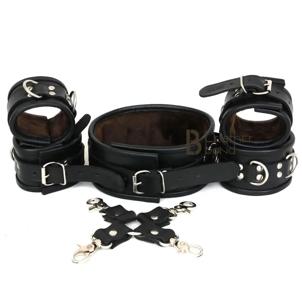 Real Cow Leather Wrist, Ankle Cuffs and Neck Collar Restraint Bondage Set with Hogtie Black 6 Piece Fur Lining