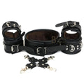 Real Cow Leather Wrist, Ankle Cuffs and Neck Collar Restraint Bondage Set with Hogtie Black 6 Piece Fur Lining