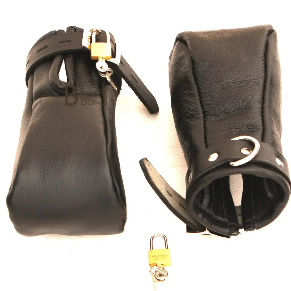 Real Cowhide Leather Fist Mitts Lockable Restraint Bondage Paw Gloves | Black, Red & Purple