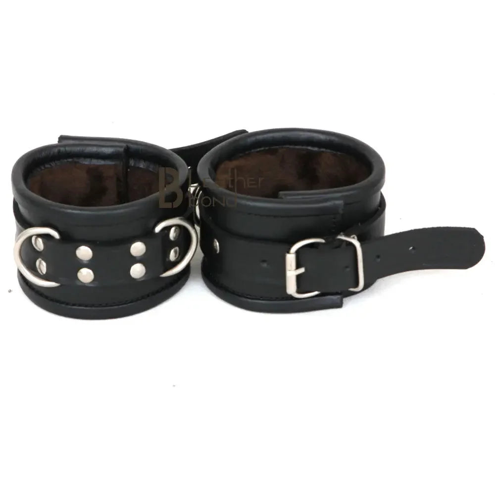 Real Cow Leather Wrist, Ankle Cuffs and Neck Collar Restraint Bondage Set with Hogtie Black 6 Piece Fur Lining