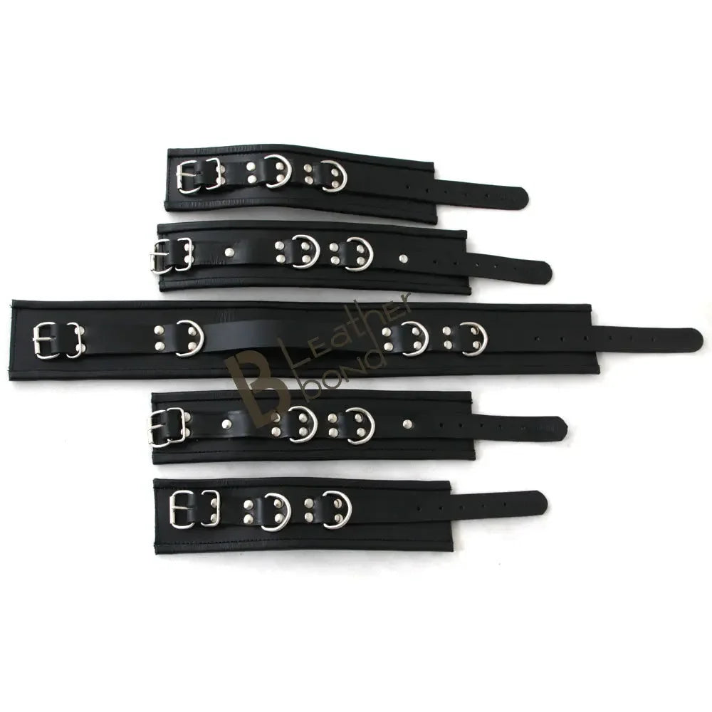 Real Cow Leather Wrist, Ankle Cuffs and Neck Collar Restraint Bondage Set with Hogtie Black 6 Piece Fur Lining