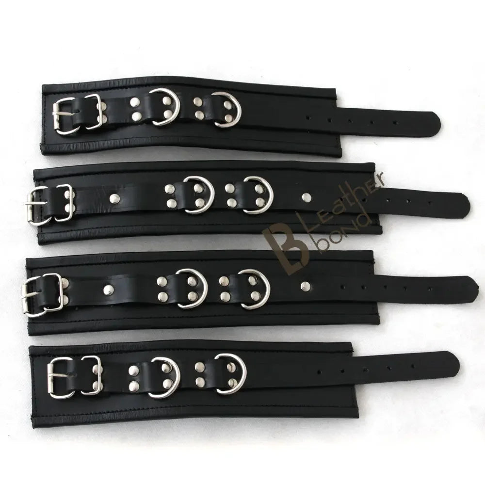 Real Leather 5-Piece Fur-Lined Ankle Cuffs & Wrist Cuffs Restraint Bondage Set with Hogtie | Black