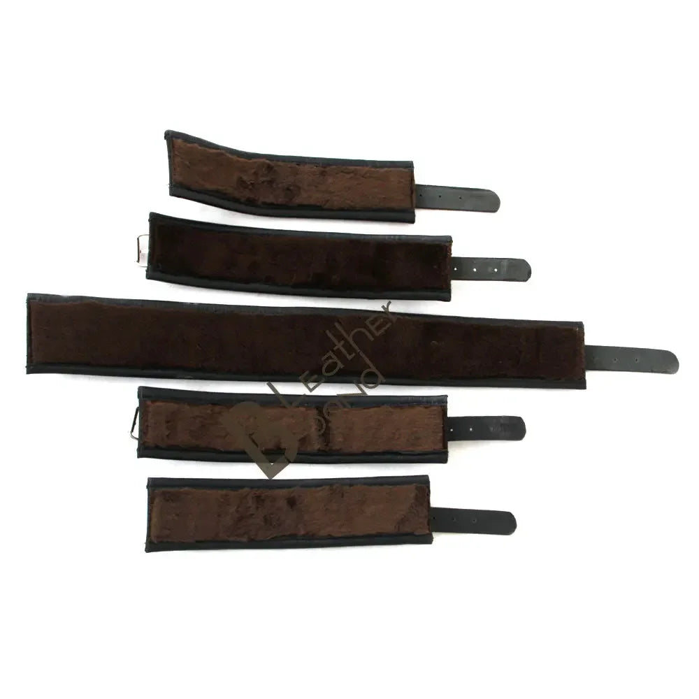 Real Cow Leather Wrist, Ankle Cuffs and Neck Collar Restraint Bondage Set with Hogtie Black 6 Piece Fur Lining