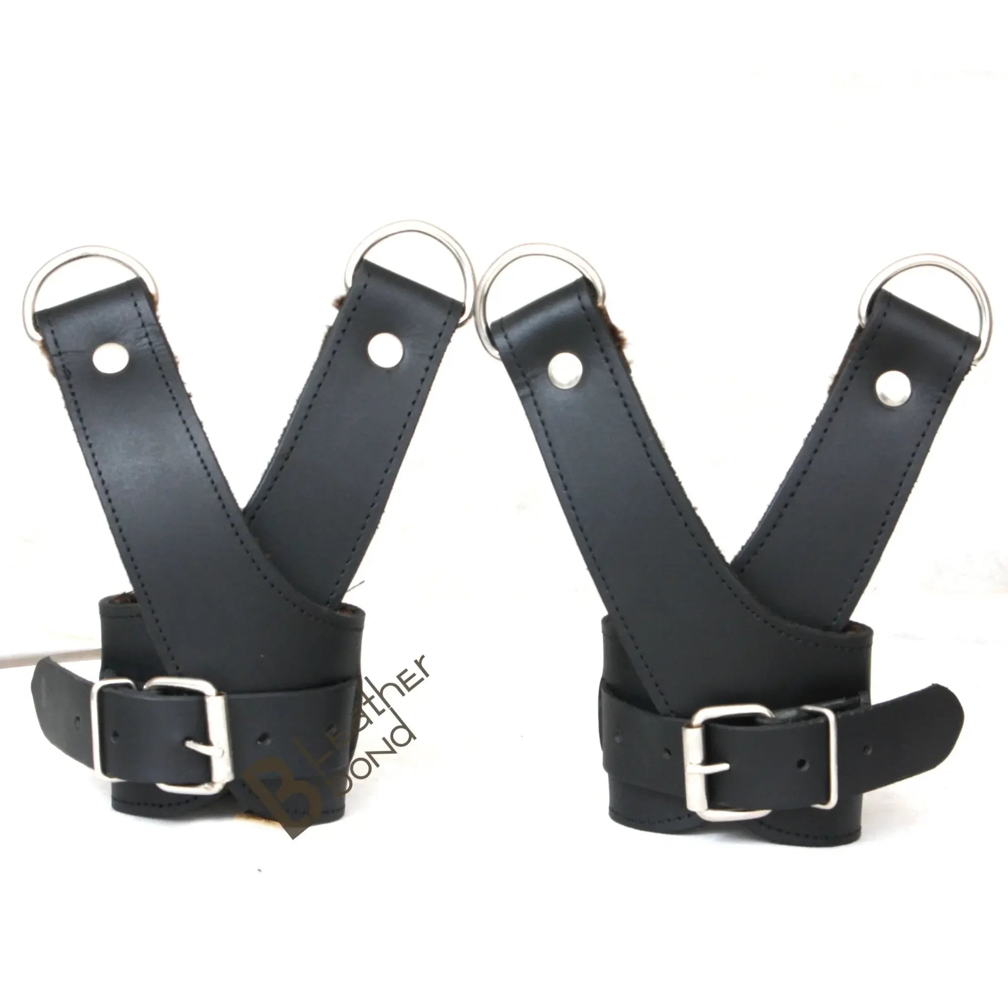 Real Strong Leather Suspension Bondage Cuffs 2-Piece Heavy Duty Fur-Lined Wrist Set | Black