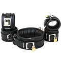 Real Cow Leather Wrist, Ankle Cuffs & Neck Collar Restraint Bondage Set Black 5 Piece set Padded Cuffs Lockable