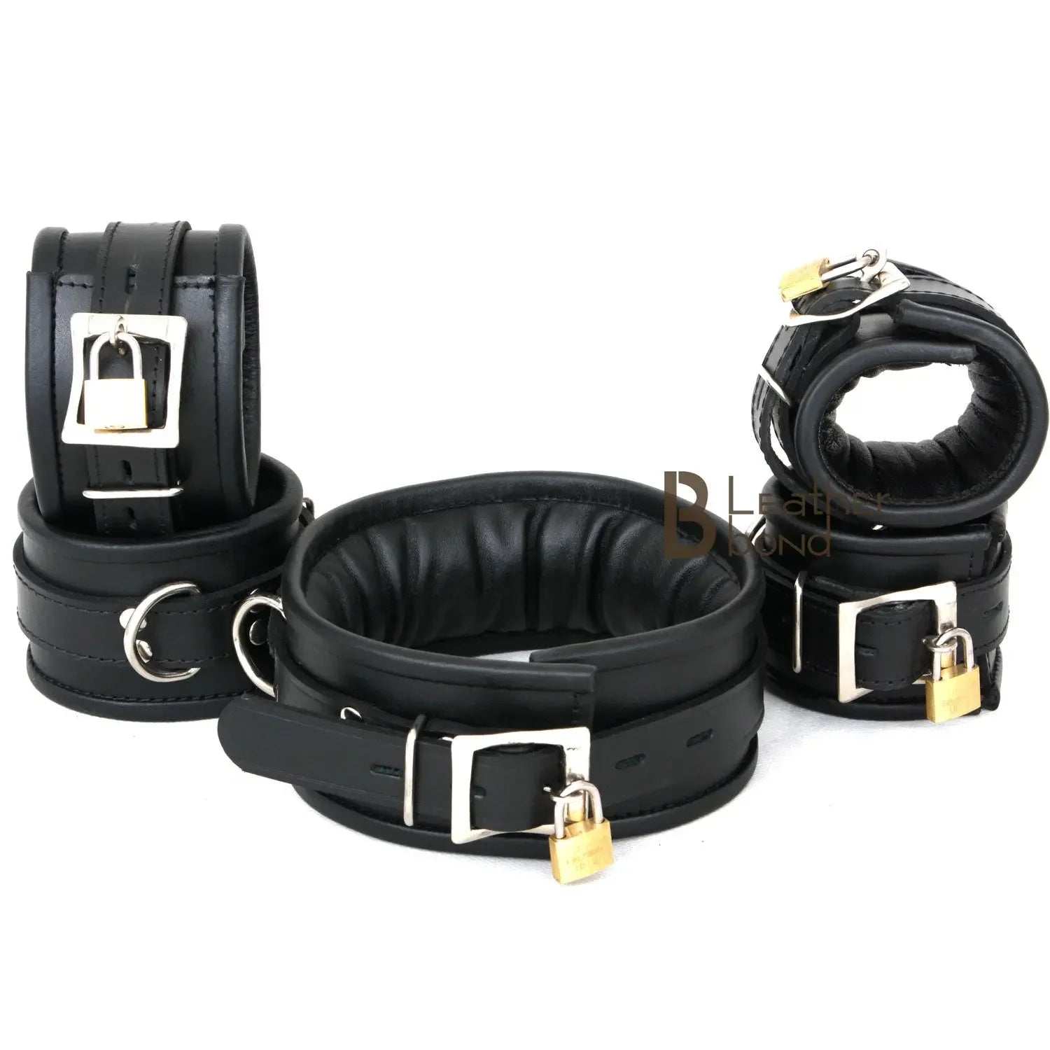 Real Cow Leather Wrist, Ankle Cuffs & Neck Collar Restraint Bondage Set Black 5 Piece set Padded Cuffs Lockable